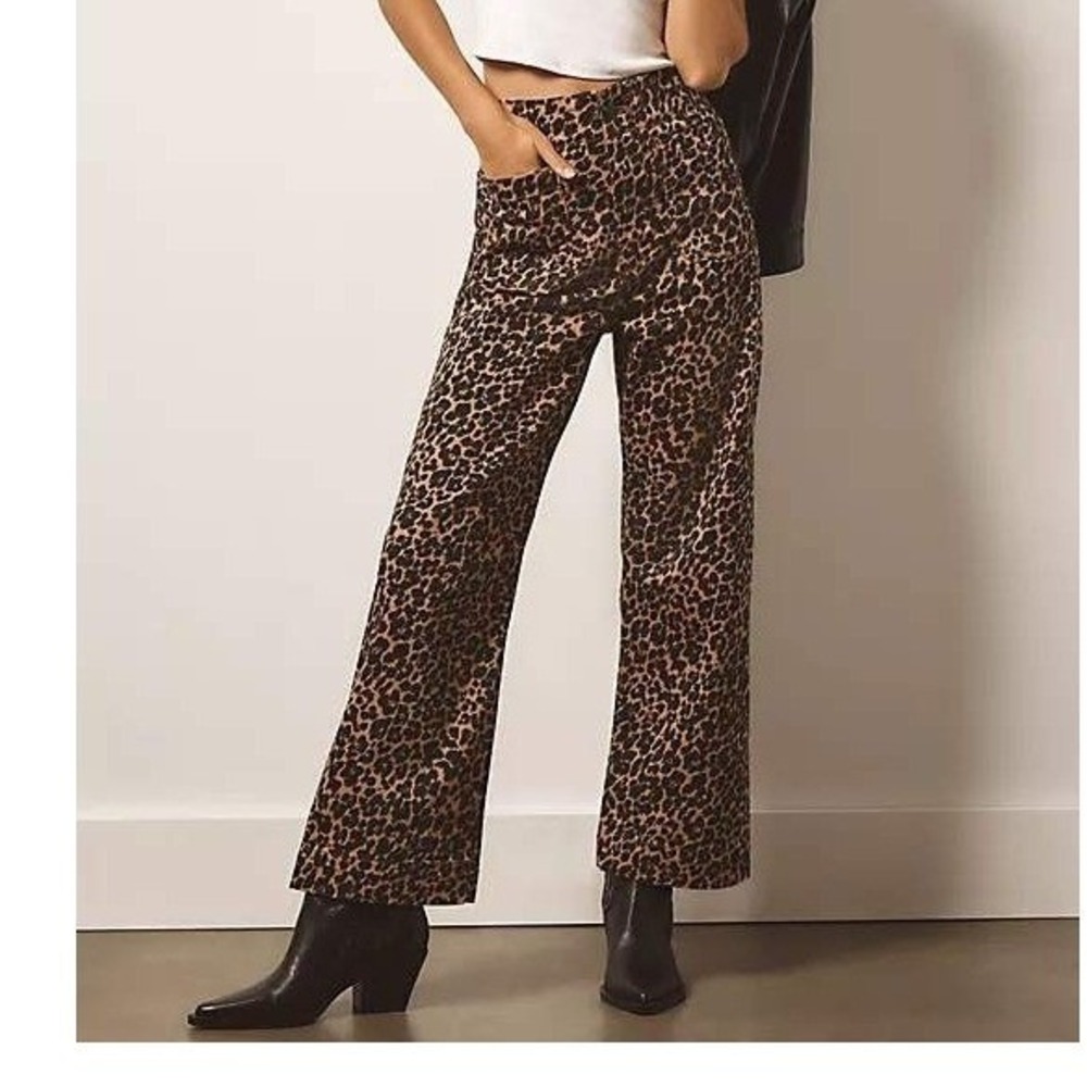 Maeve Anthropologie The Colette Leopard Print Wide-Leg Cropped Jeans Tan 26
